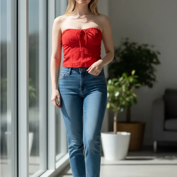 Red Strapless Crop Top | Textured Bandeau | Tie Front - Picture 1 of 5